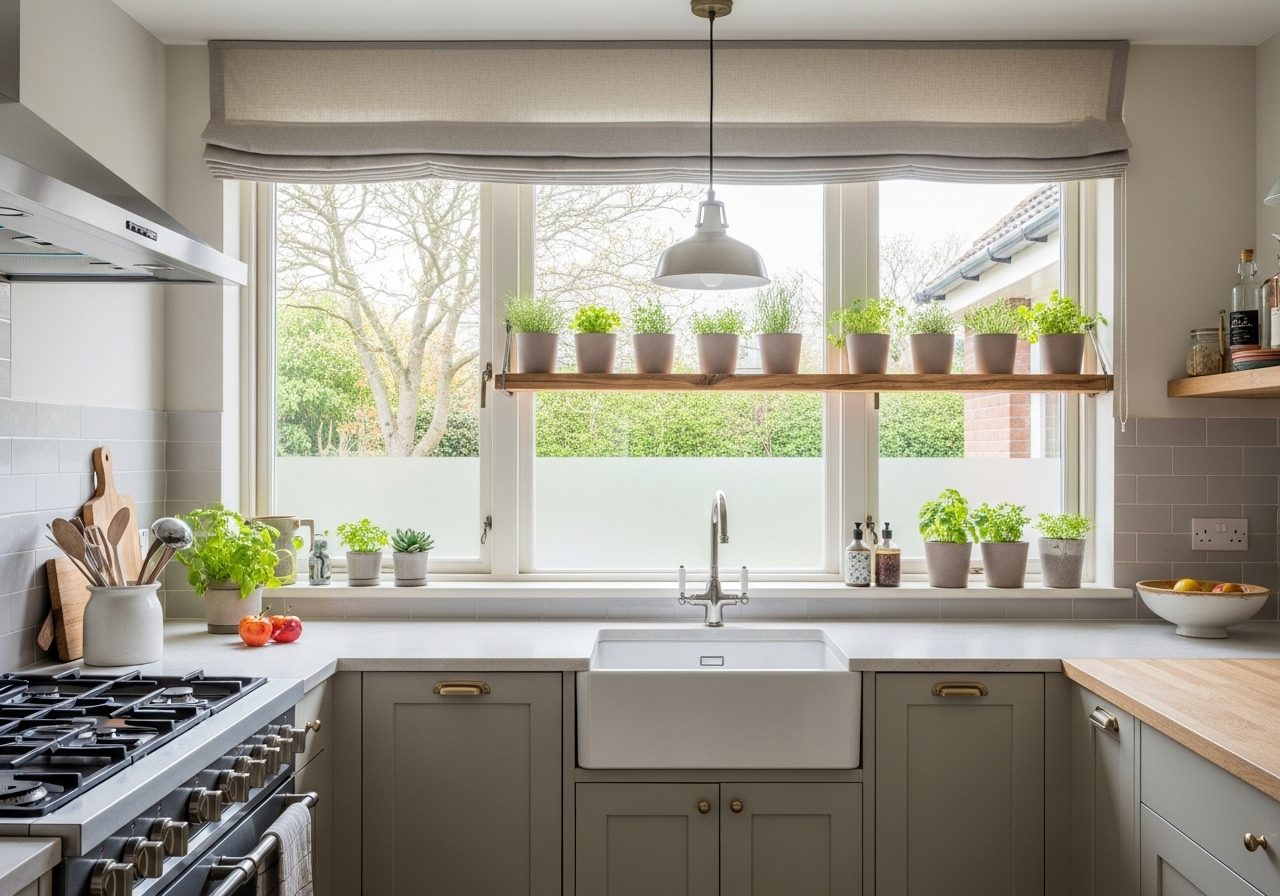 Modern kitchen window with café curtains, herb shelf, pendant light, and soft natural lighting