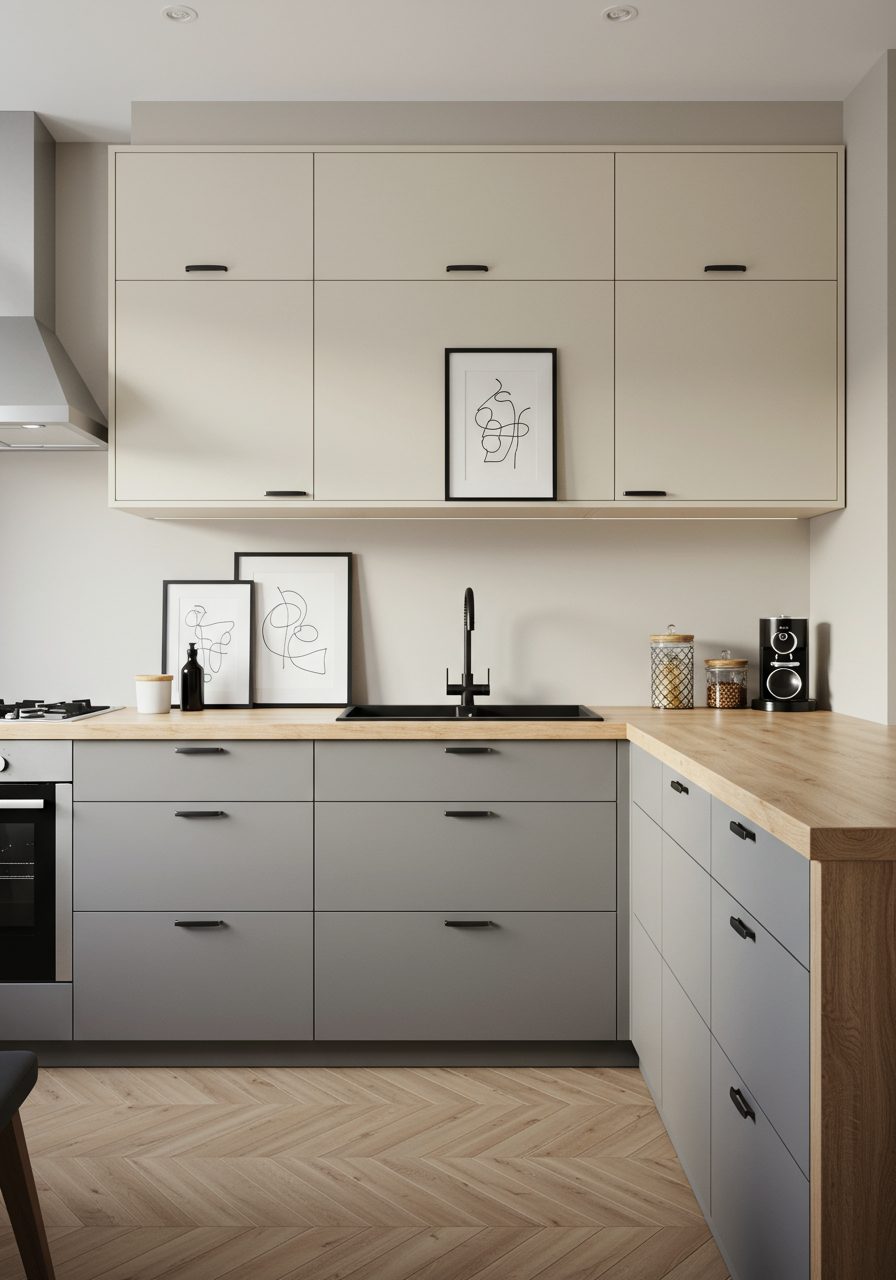 Modern kitchen with framed art and negative space above cabinets using minimalist design