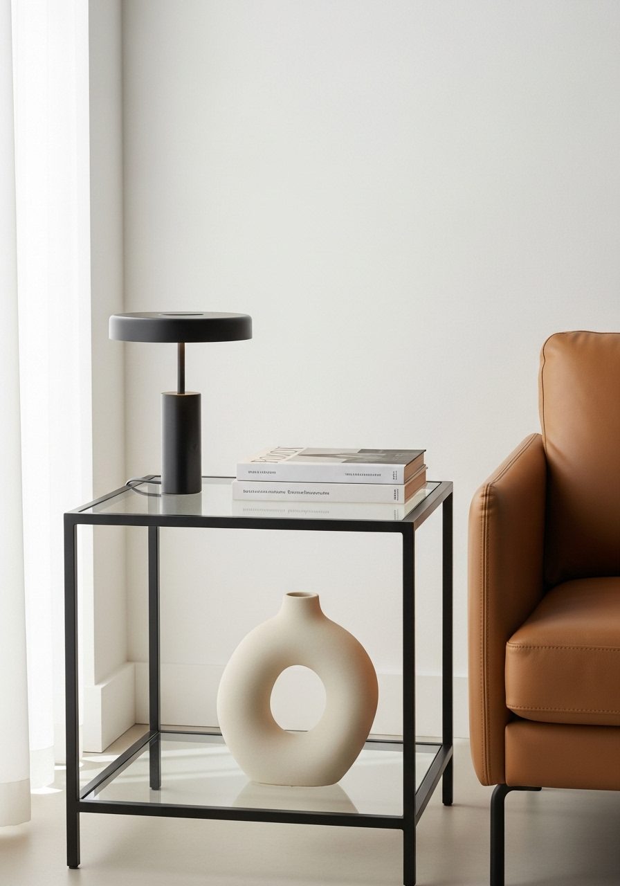Modern minimalist side table decor with black lamp, ceramic sculpture, and book