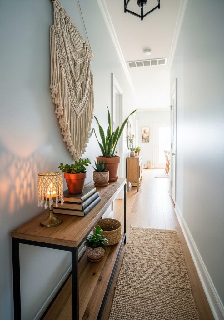 Narrow entryway table in small apartment with modern-boho decor
