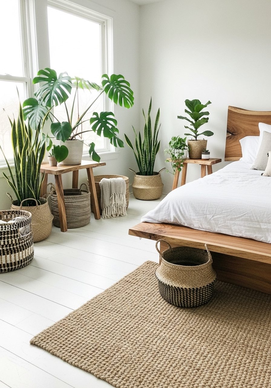 Natural materials and greenery add warmth to a white bedroom interior