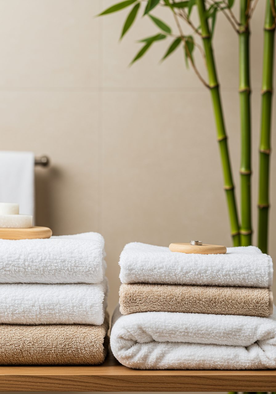 Neutral cotton bathroom towels stacked on a shelf in a spa-style bathroom with wood and stone decor
