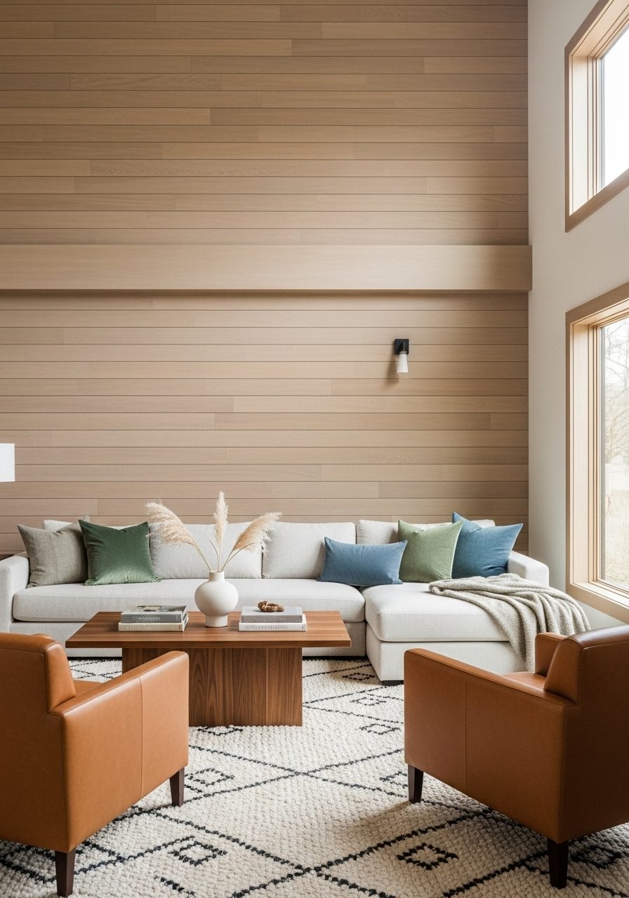 Neutral-toned furniture and textures paired with horizontal beige wood paneling
