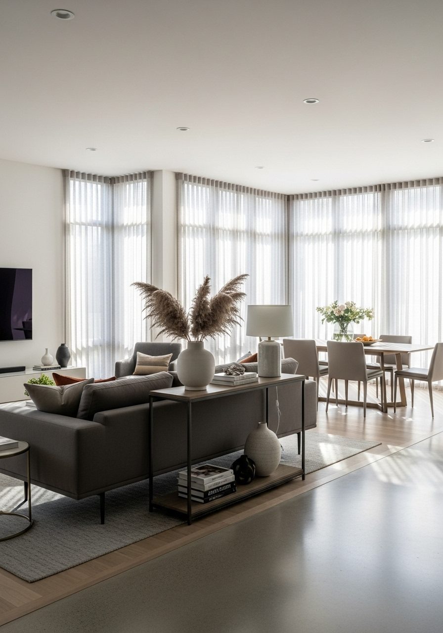 Open space with sofa floating between zones and console table dividing living and dining areas