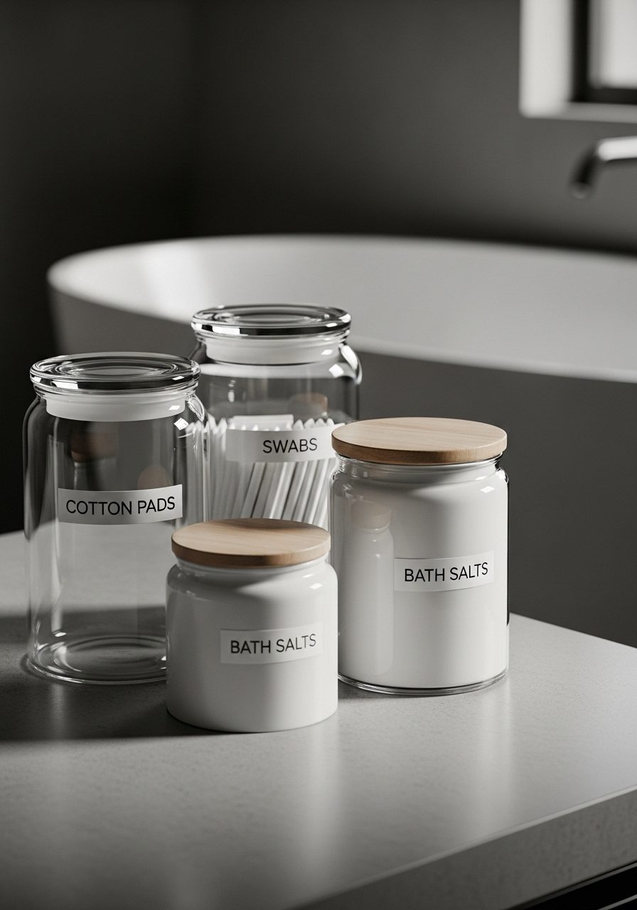 Organized bathroom canisters in glass and ceramic for stylish storage