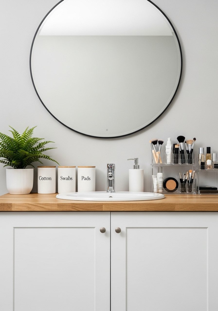 Organized bathroom vanity with matching canisters and silver dispenser on compact countertop