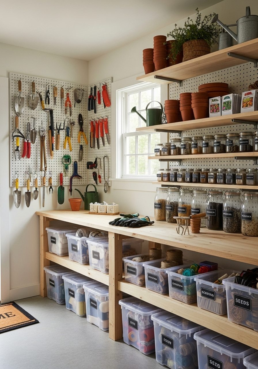 Organized shed with vertical storage and labeled containers