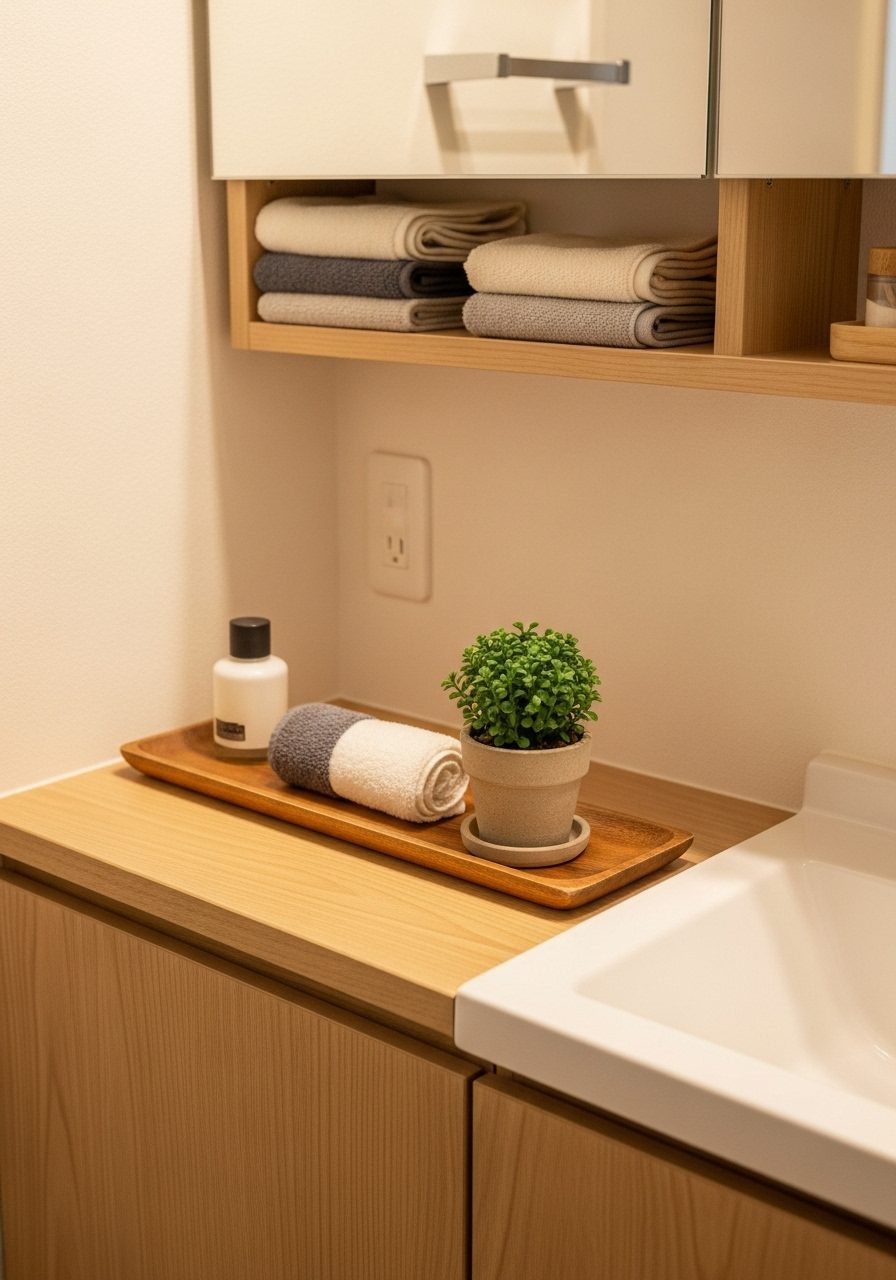 Organized small bathroom counter with tray and wall shelf