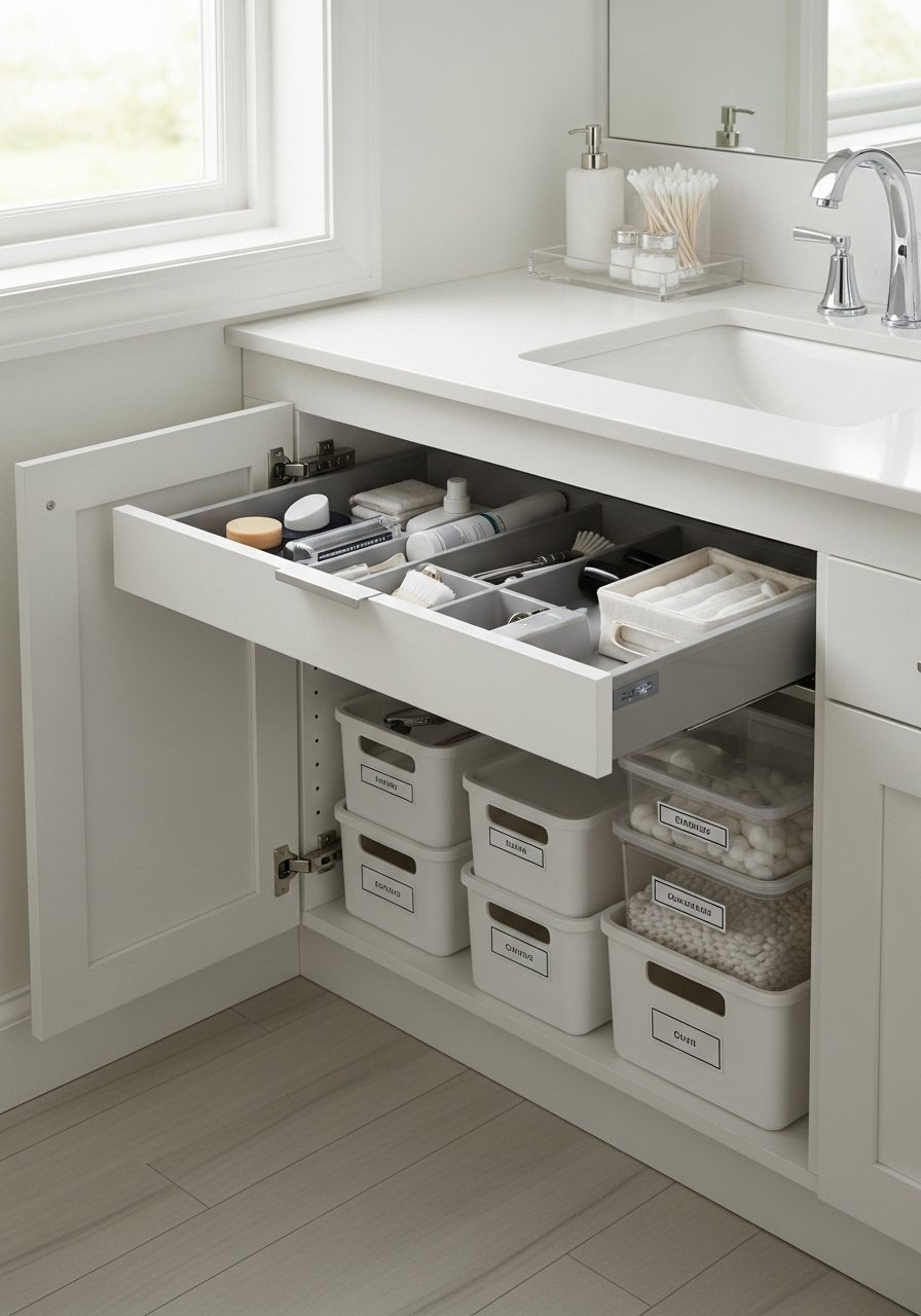 Organized under-sink storage supporting a clean bathroom counter