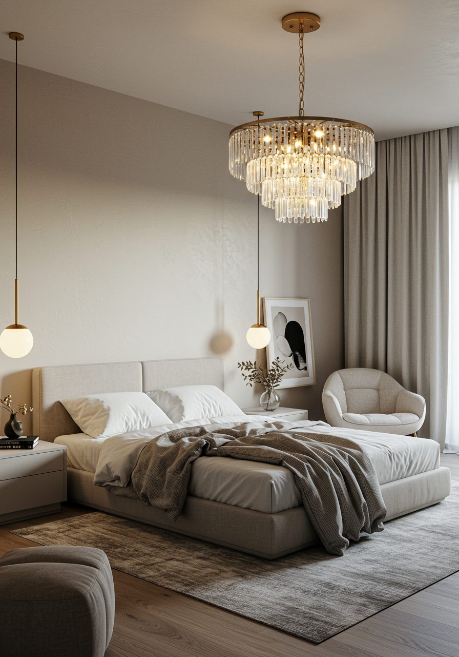 Overhead lighting used to visually anchor bedroom space without headboard