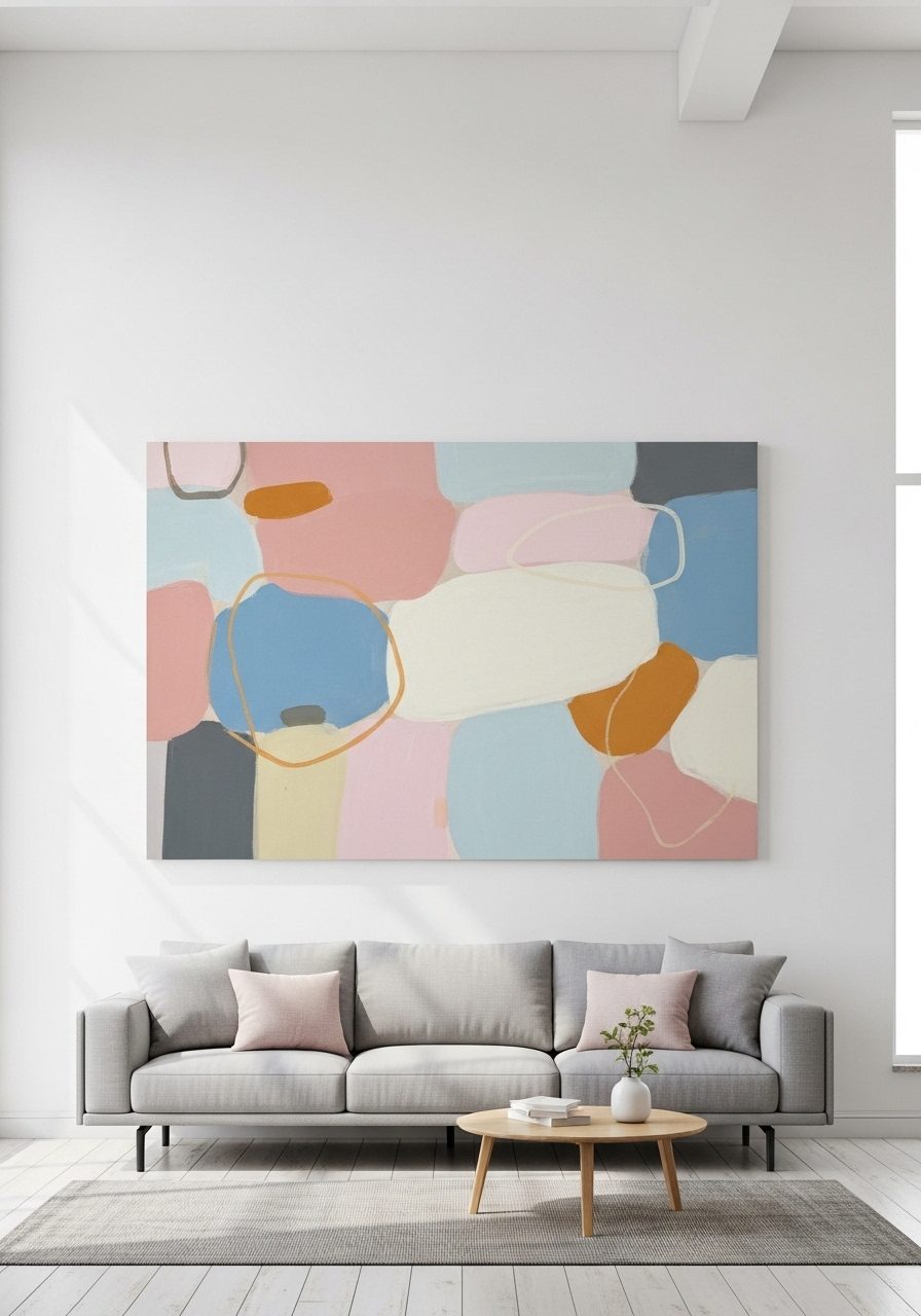 Oversized abstract art hanging on a long white living room wall above a sofa