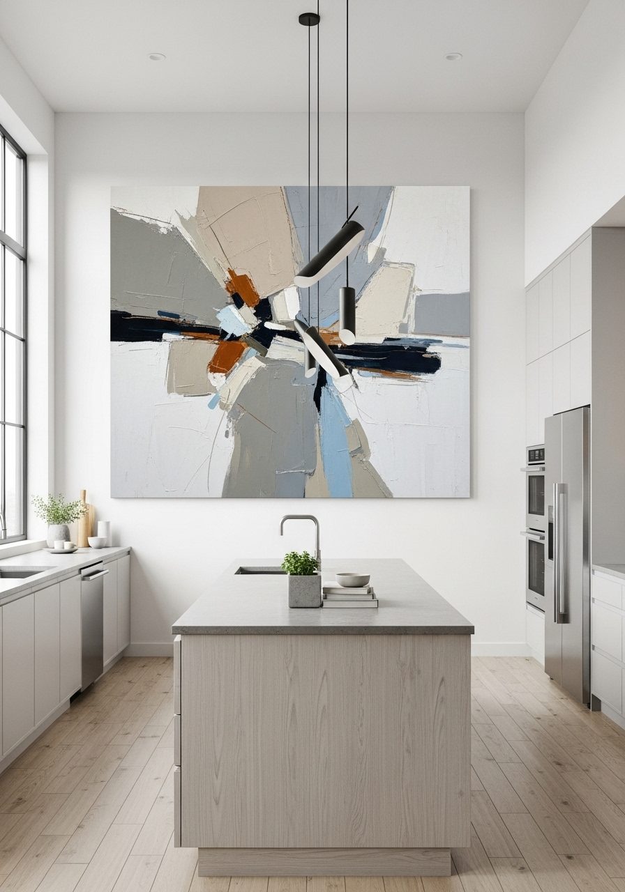 Oversized abstract artwork hanging in a minimalist contemporary kitchen
