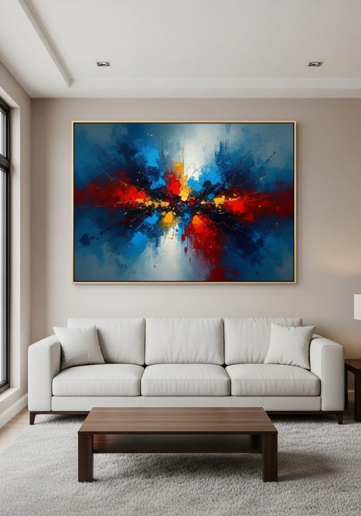 Oversized abstract painting in a minimalist living room