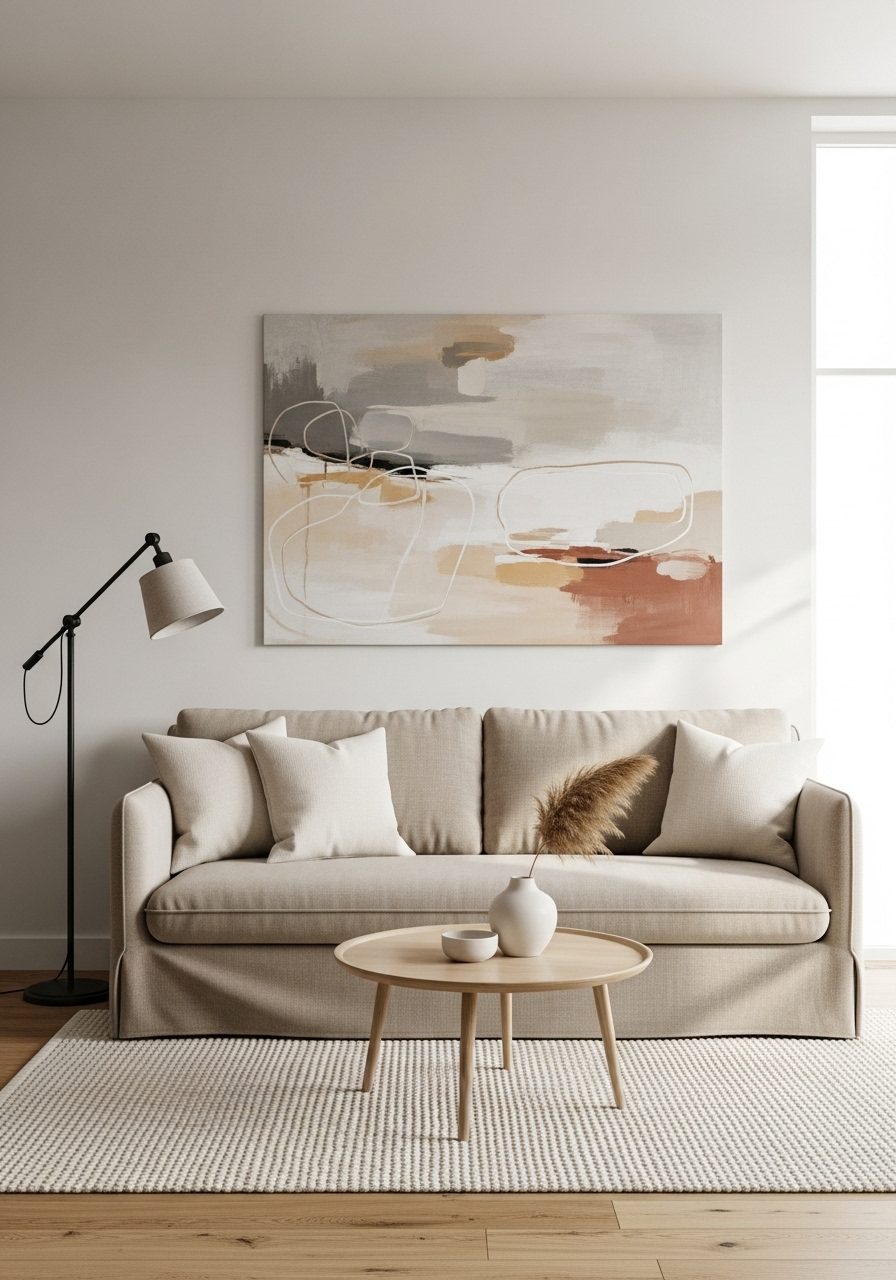 Oversized abstract wall art above a beige sofa in a minimalist living room