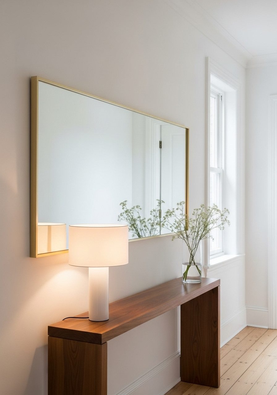 Oversized mirror above table used to make narrow entryway feel wider