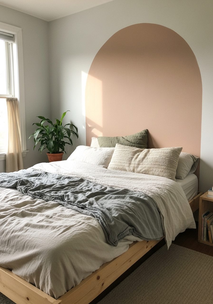 Painted arch design used in place of traditional headboard in a DIY bedroom