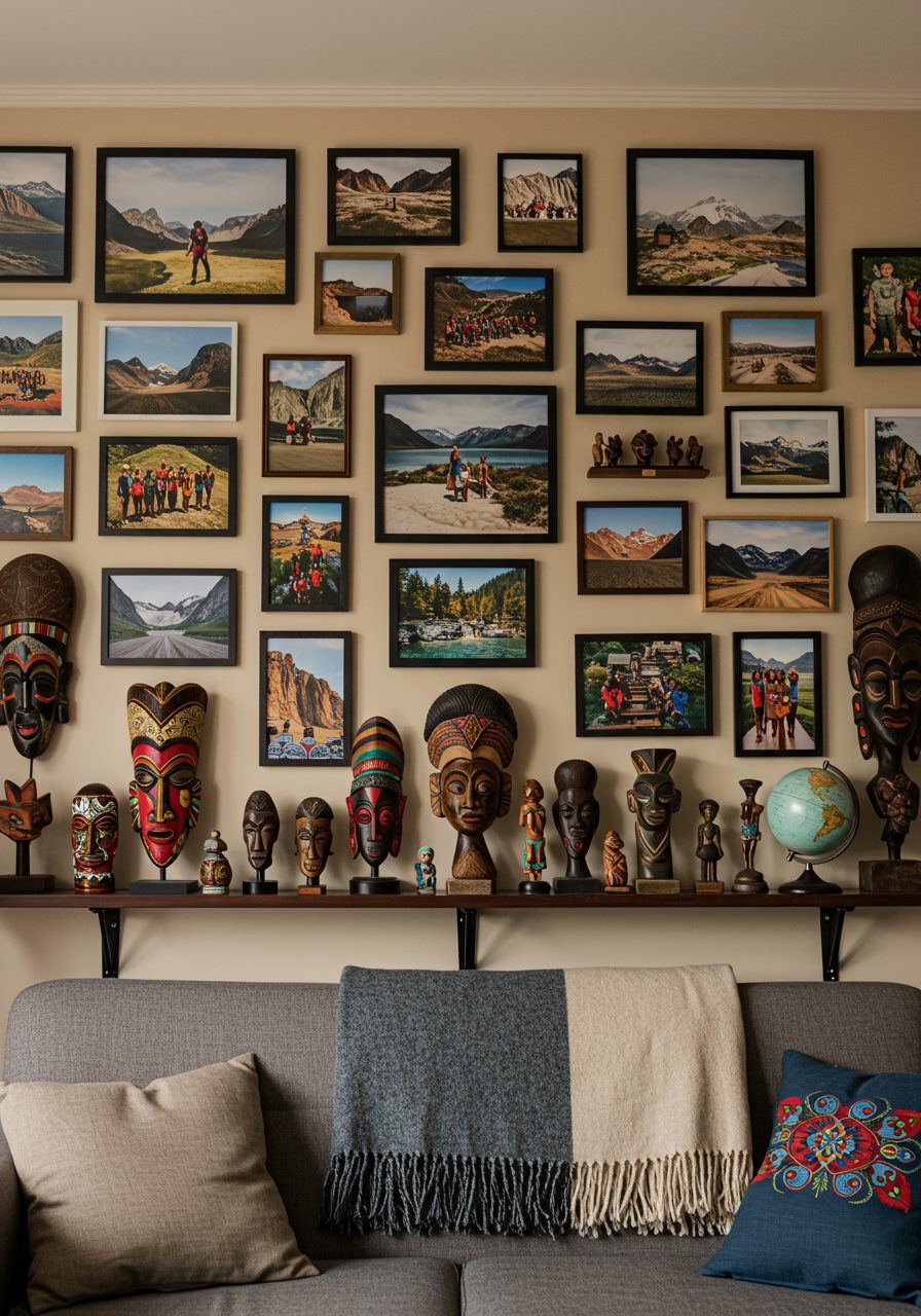 Personal photo gallery and souvenirs on a big wall in the living room