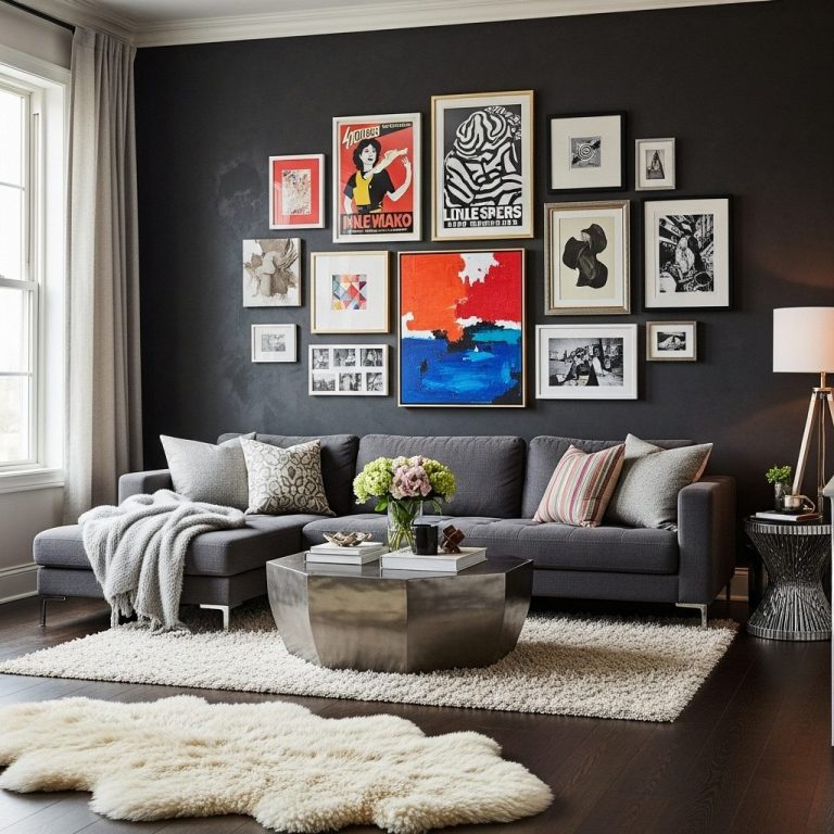 Personalized gallery wall in a cozy urban living room