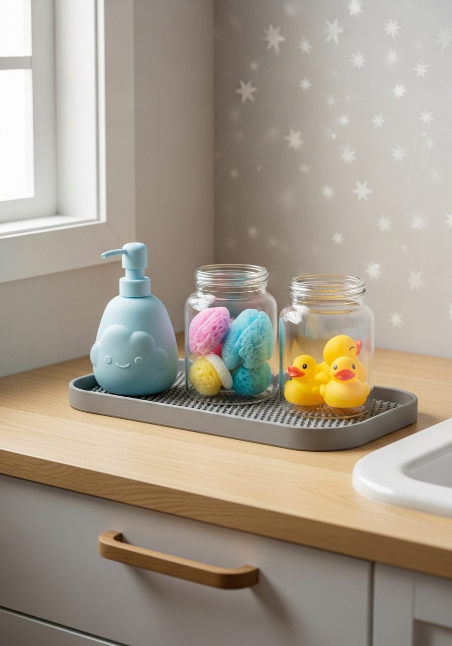 Pet and kid-friendly bathroom counter with safe, shatterproof decor accessories