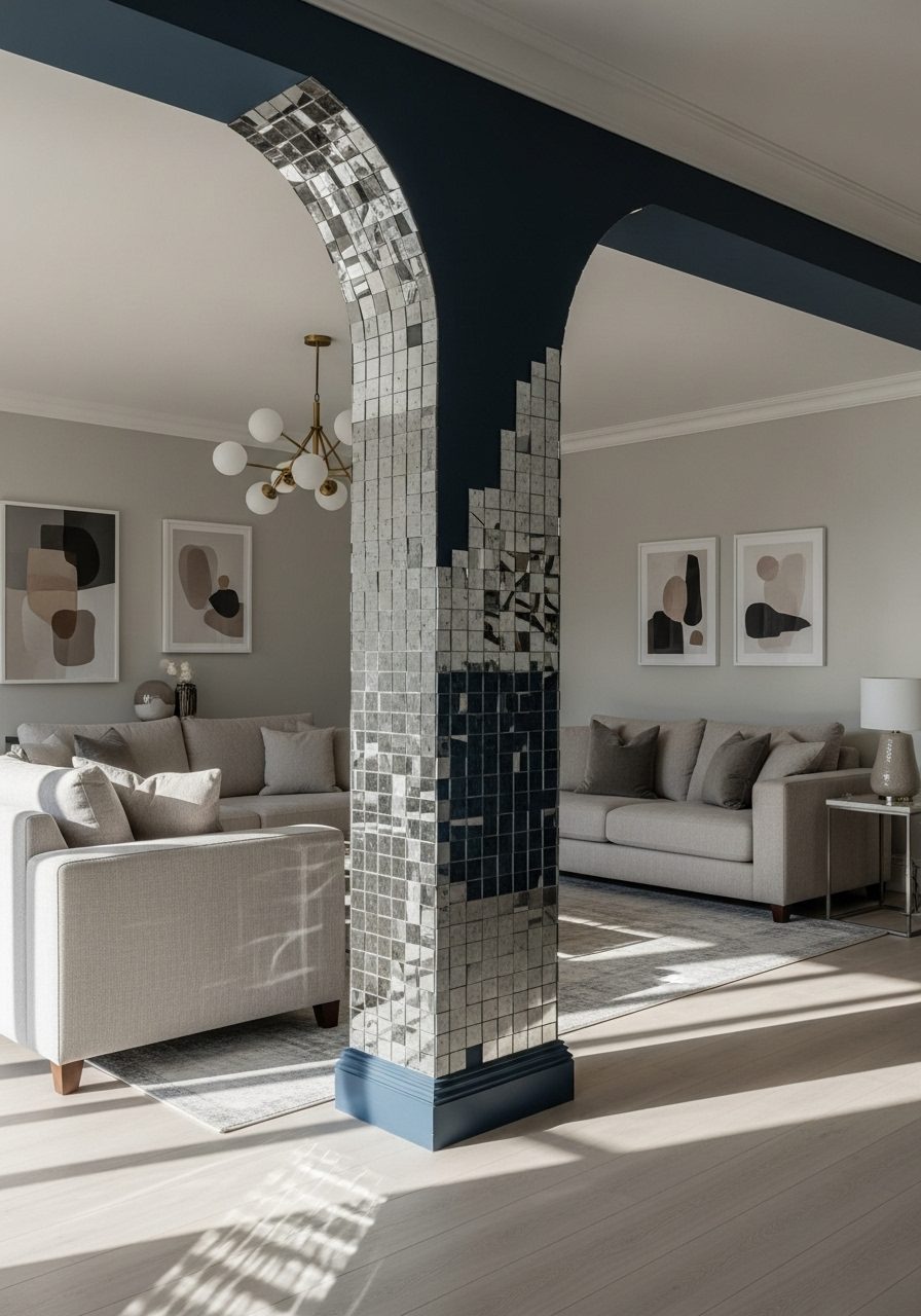 Pillar in living room treated with bold paint and mirror panels for contrast