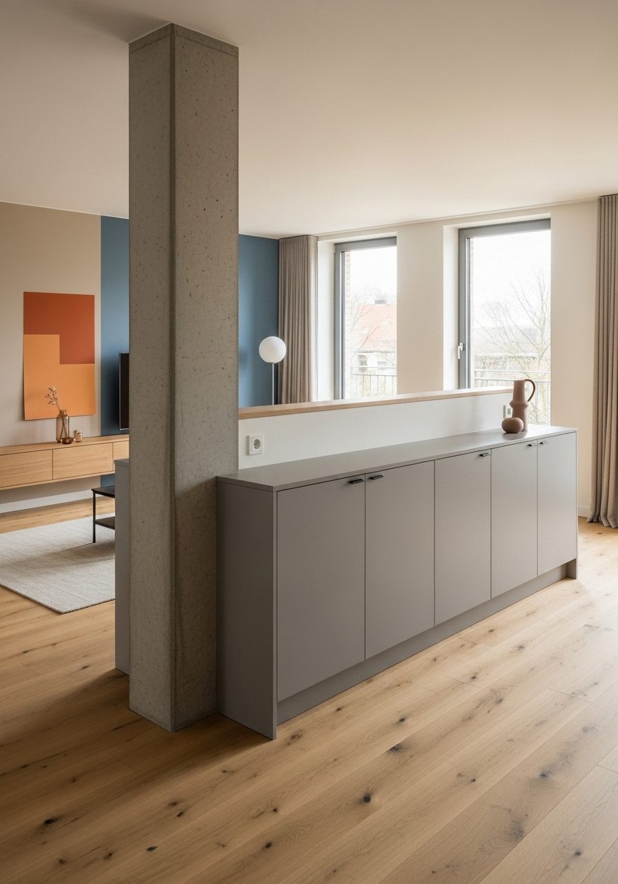 Pillar integrated with partial wall and storage unit for better room flow