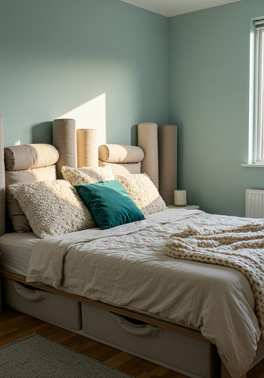 Pillows and textiles layered to give structure in bedroom without headboard
