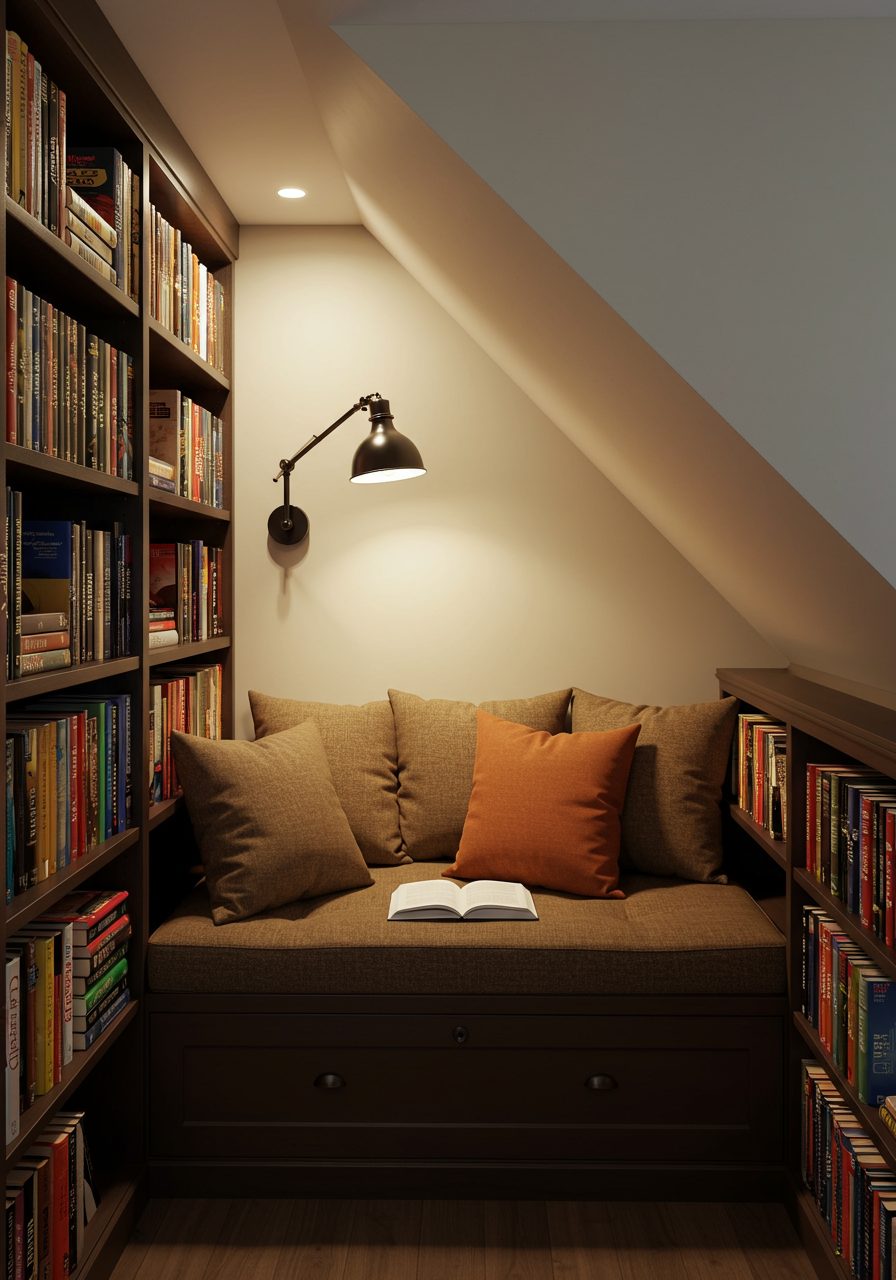 Reading nook built into a sloped living room wall with shelving and lightin