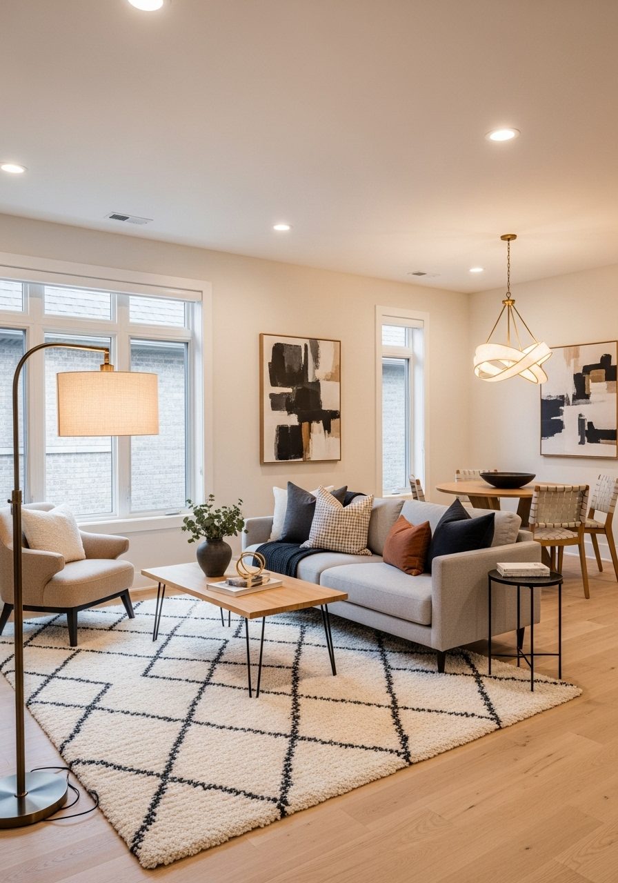 Rectangular living room with separate zones for reading, relaxing, and dining
