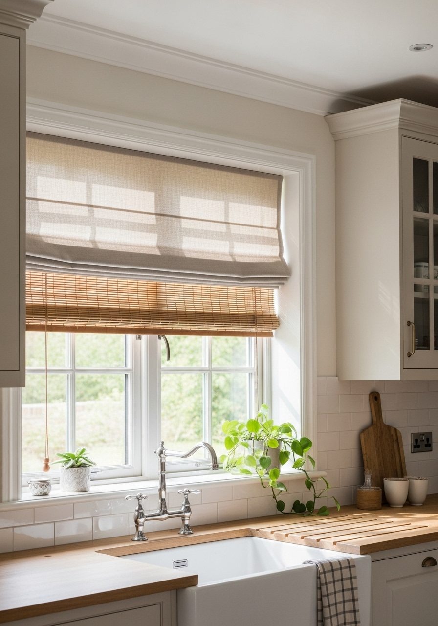Roman shades layered over woven blinds in a neutral-toned kitchen