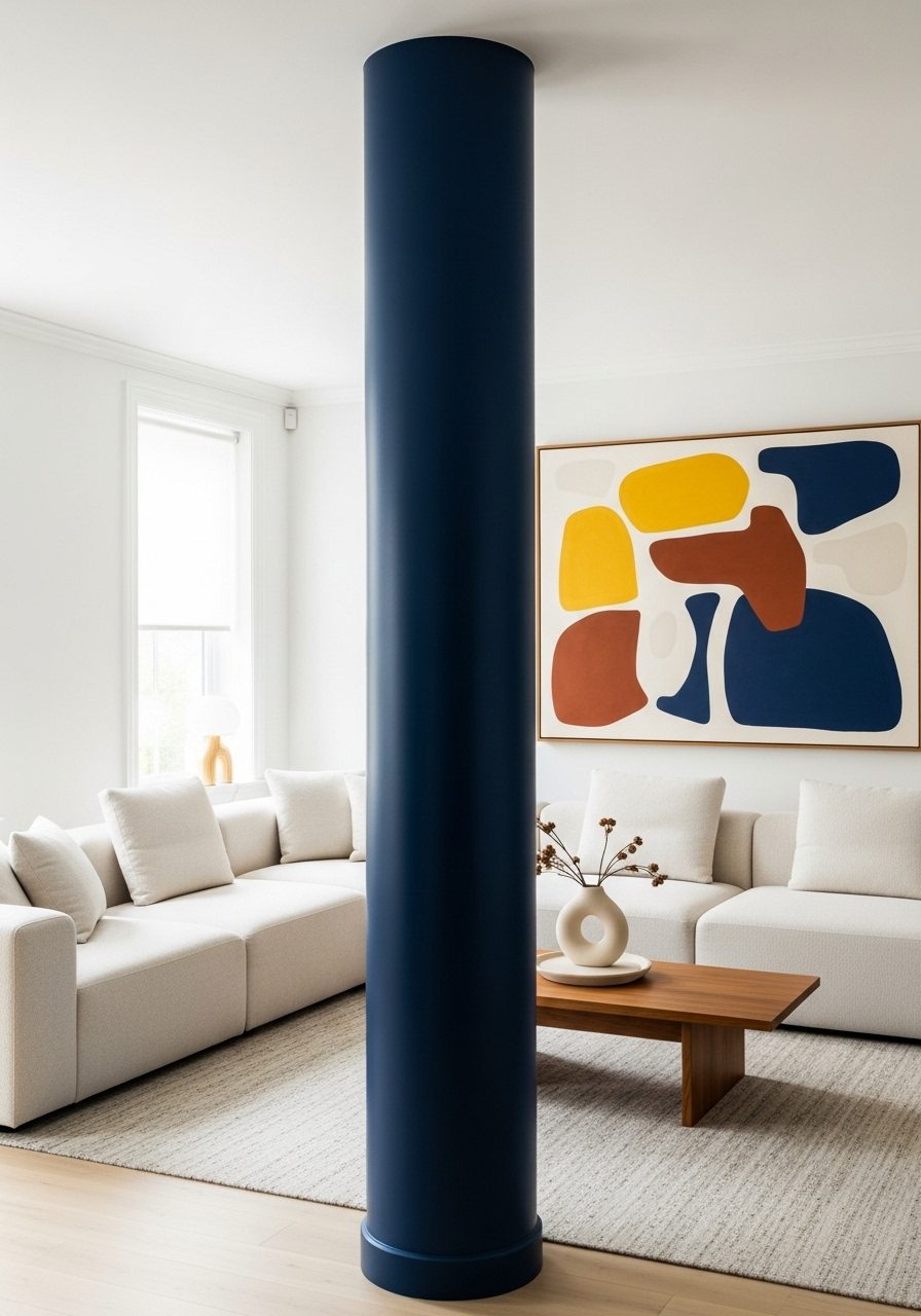 Round column painted navy blue as a bold accent in minimalist living room
