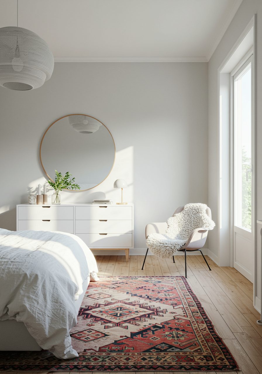 Round mirror adding light and depth to a spacious bedroom wall