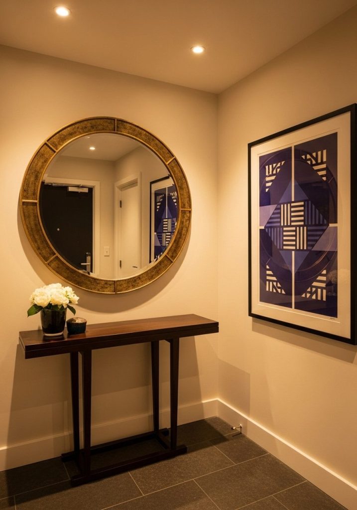 Round mirror and art over entryway table in compact space