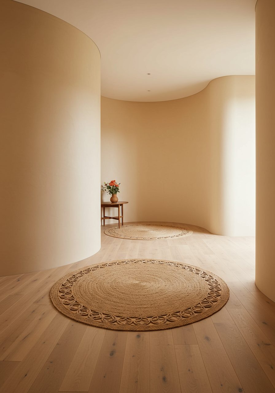 Round rug and light wood flooring grounding the space beneath curved entry wall