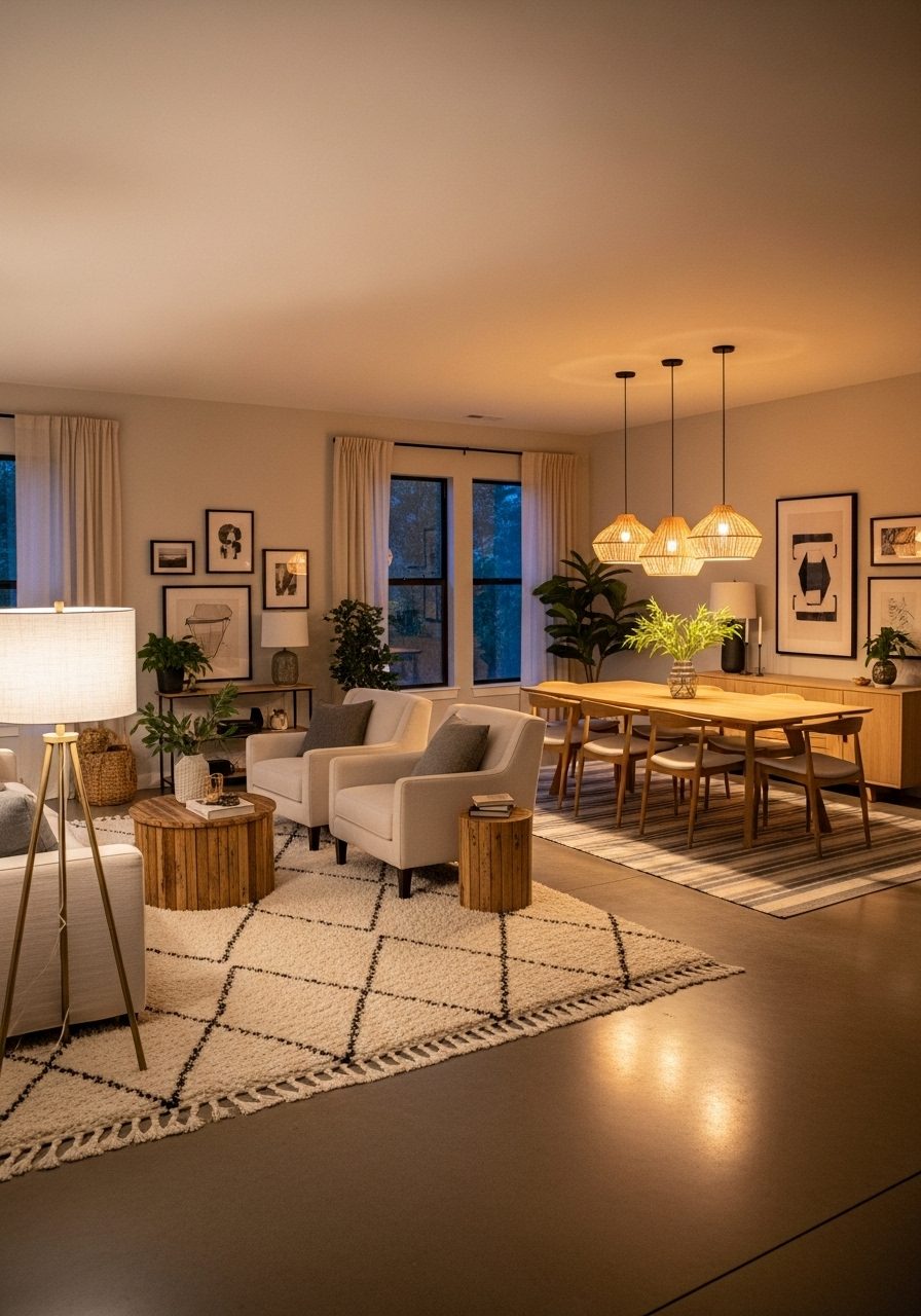 Rugs and lighting used to visually separate dining and living areas in an open-plan home