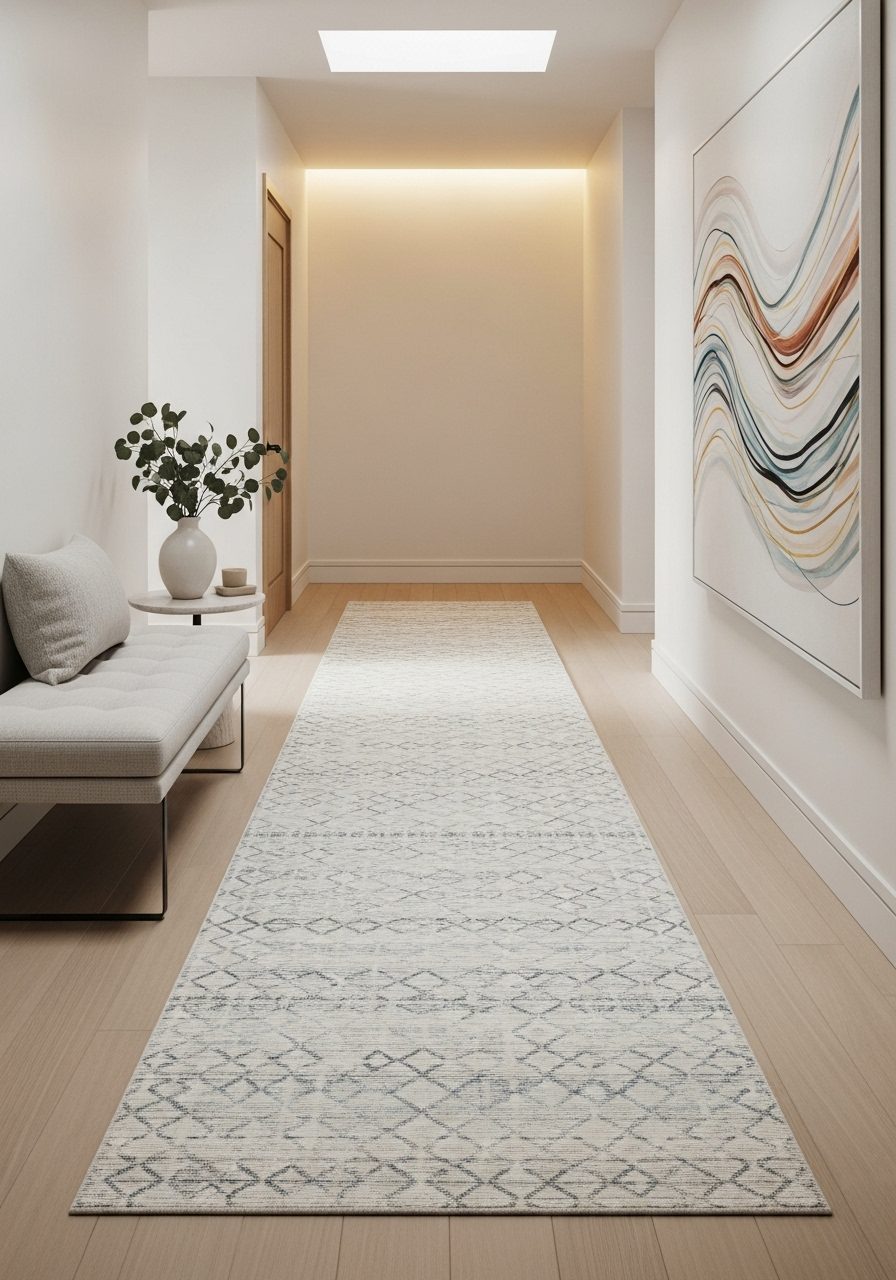 Runner rug placed for visual continuity in a long hallway with wood floors