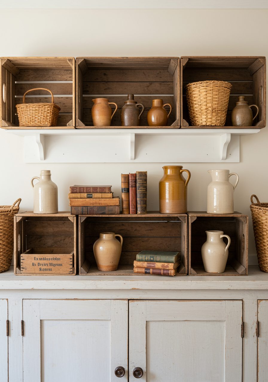 Rustic high ledge styled with vintage decor and wooden textures