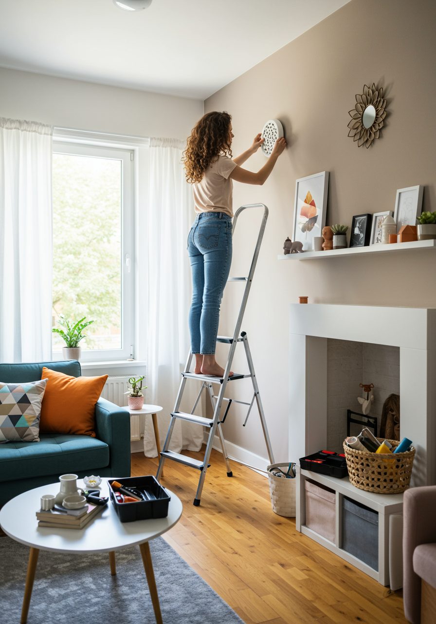 Safe method for decorating a high living room ledge using a ladder