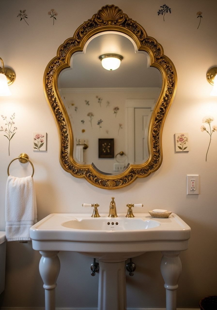 Scalloped mirror with gold frame and floral decor in small vintage bathroom