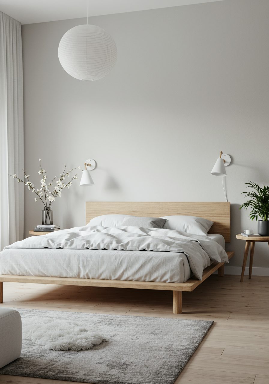 Scandinavian-style bedroom using low-profile bed and textures instead of headboard