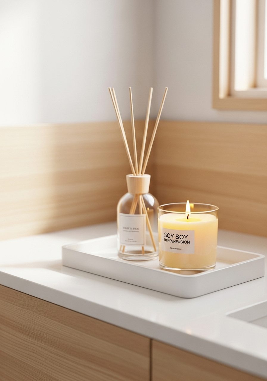Scented candle and diffuser for bathroom countertop ambiance