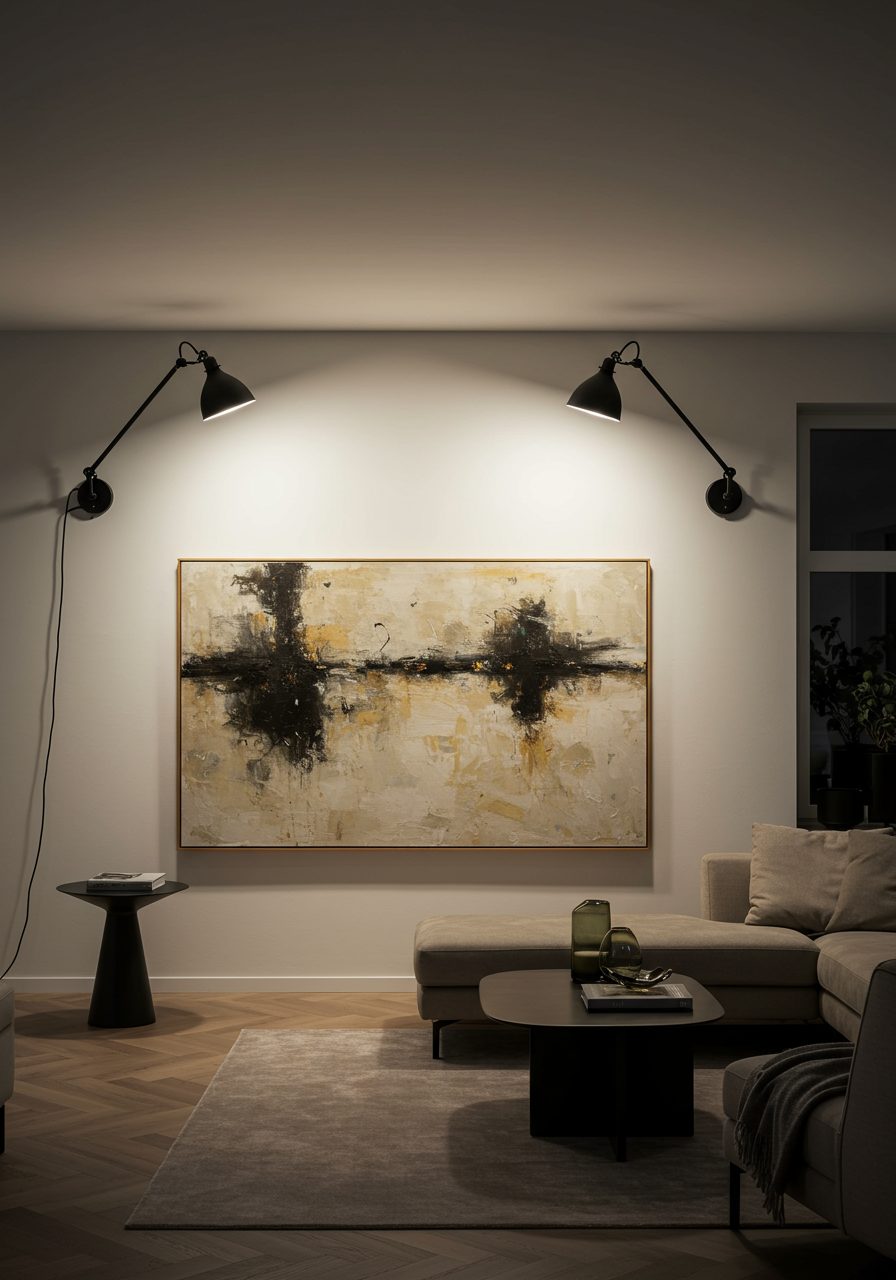 Sconce lights highlight artwork on a big living room wall