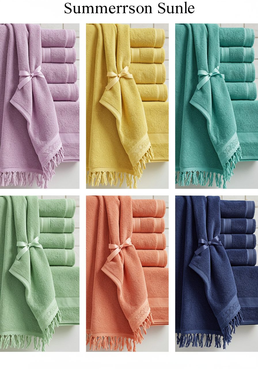 Seasonal bathroom towel setup featuring spring pastels, summer brights, fall textures, and winter luxe tones