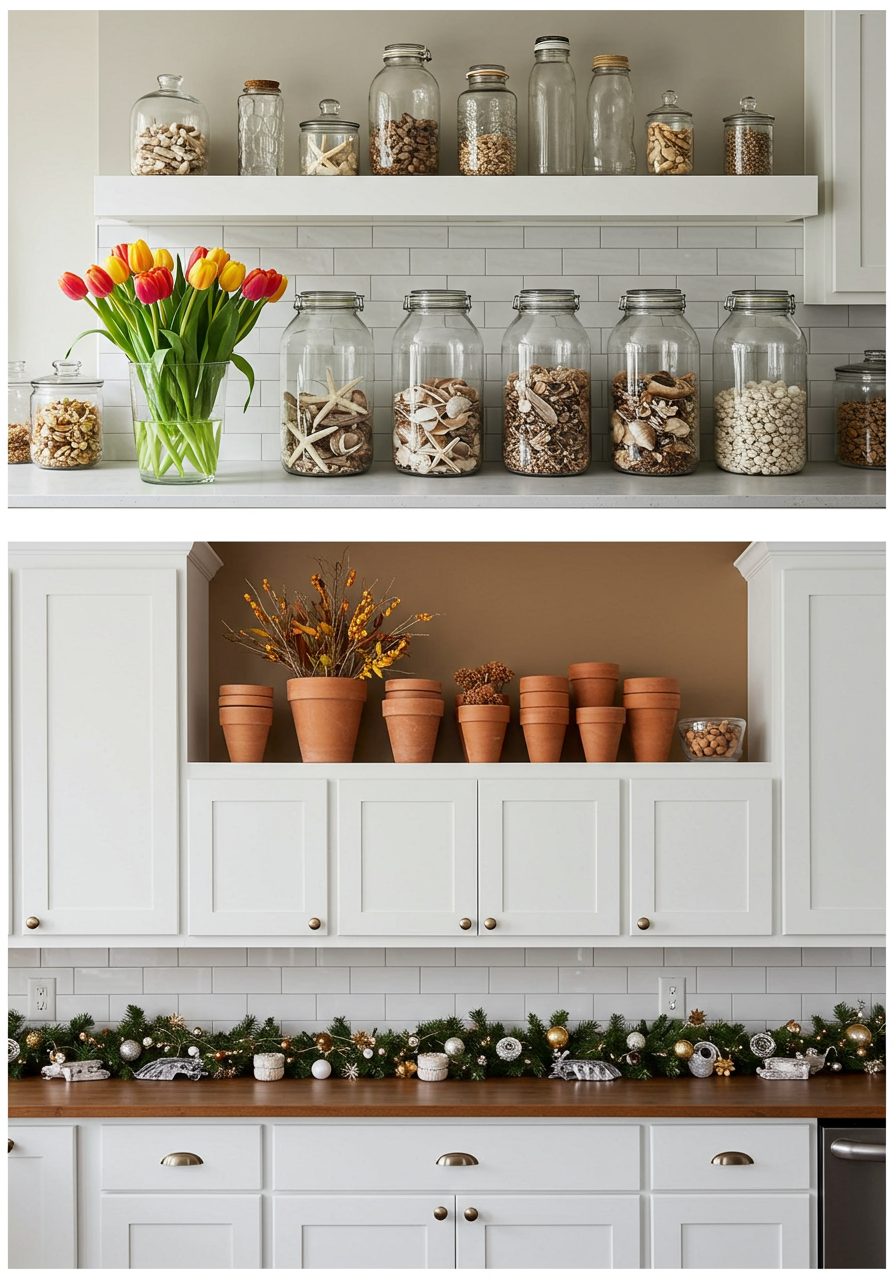 Seasonal decor examples styled above kitchen cabinets in a modern kitchen