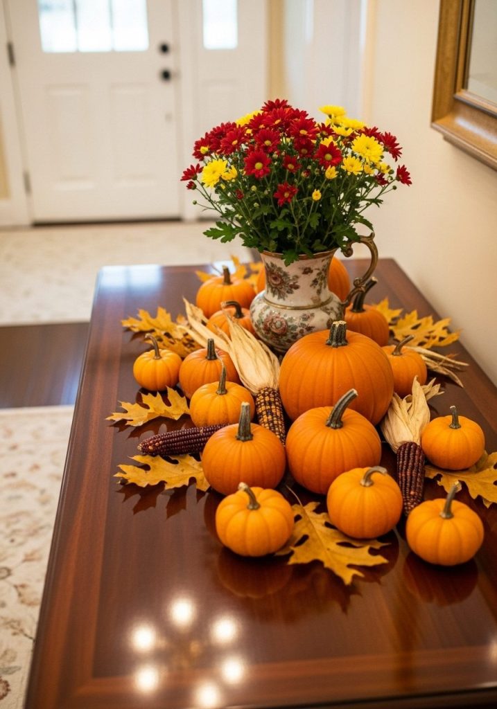 Seasonal entryway decor with fall theme and pumpkins
