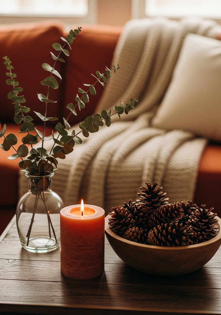 Seasonal fall side table decor with dried eucalyptus, amber candle, and pinecone bowl