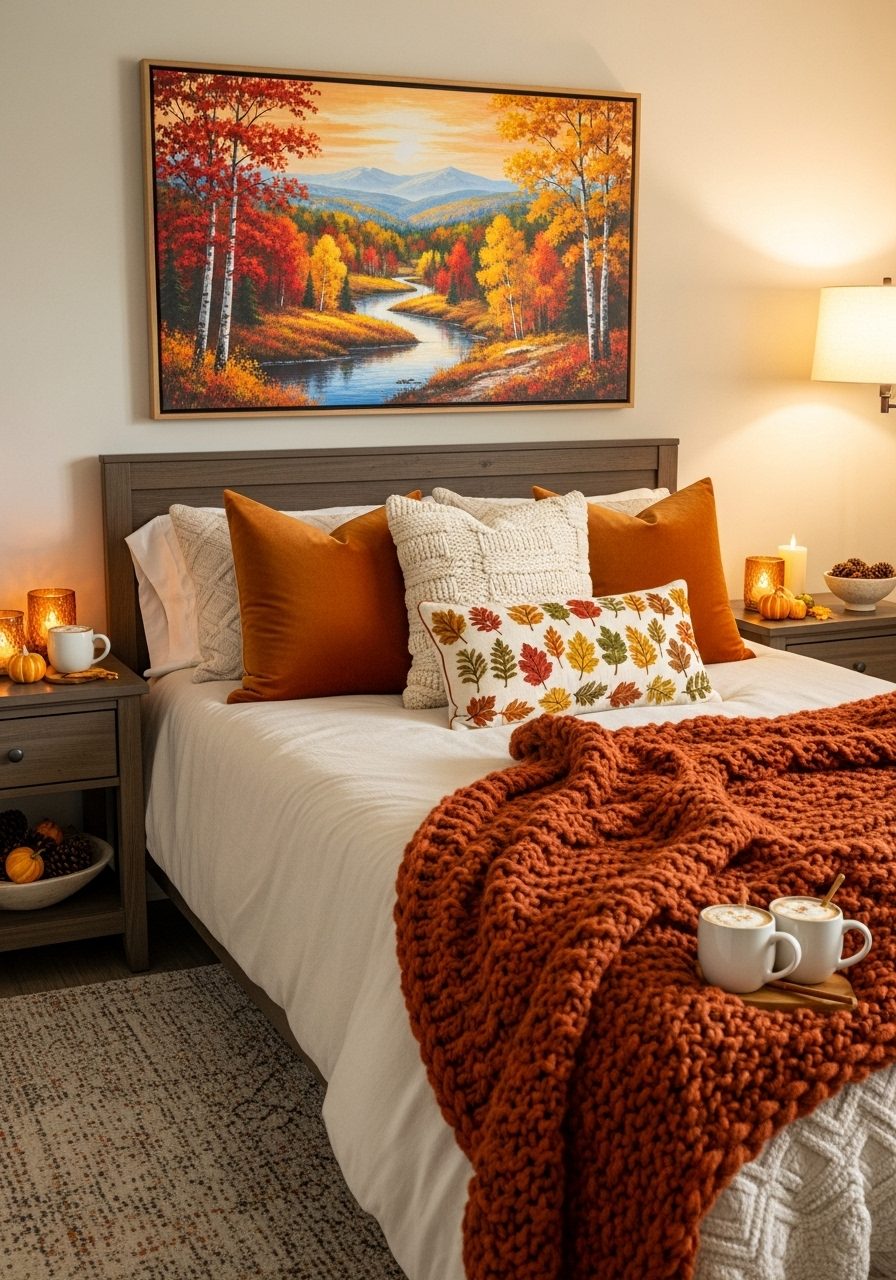 Seasonal wall decor with autumn art and warm bedding in a large bedroom
