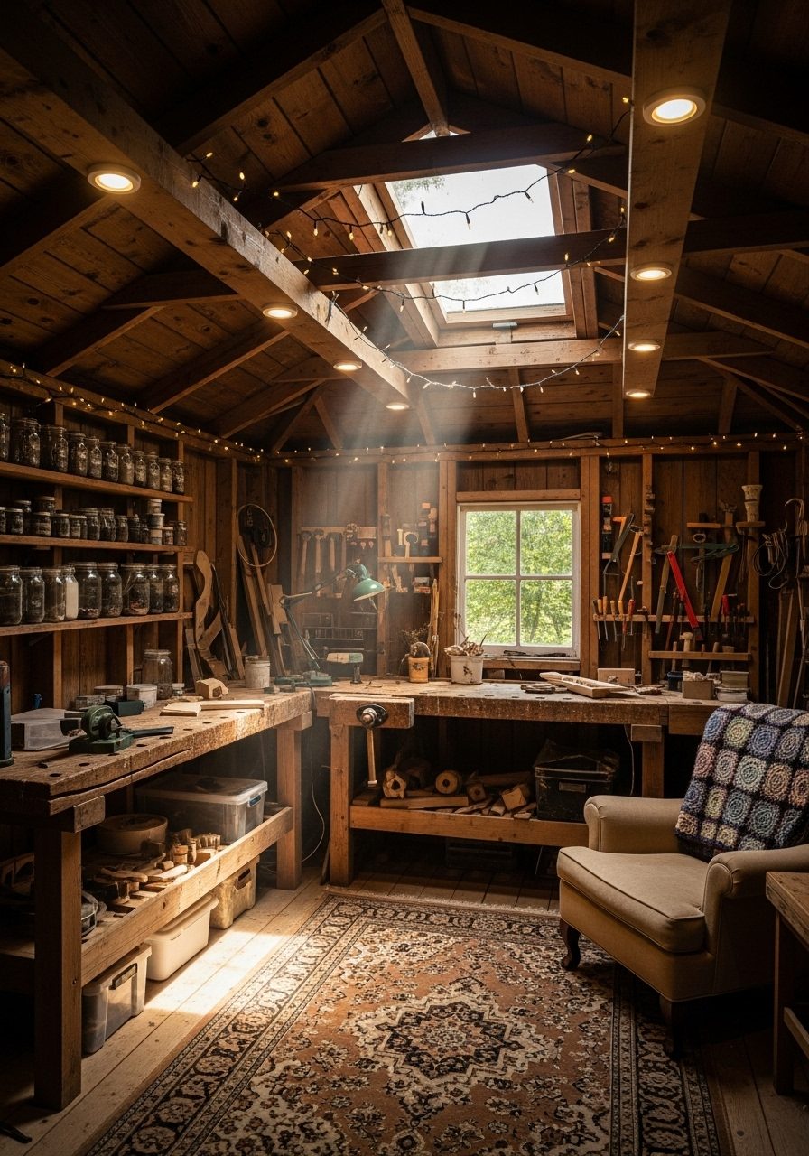 Shed lighting with skylight and energy-saving LED fixtures