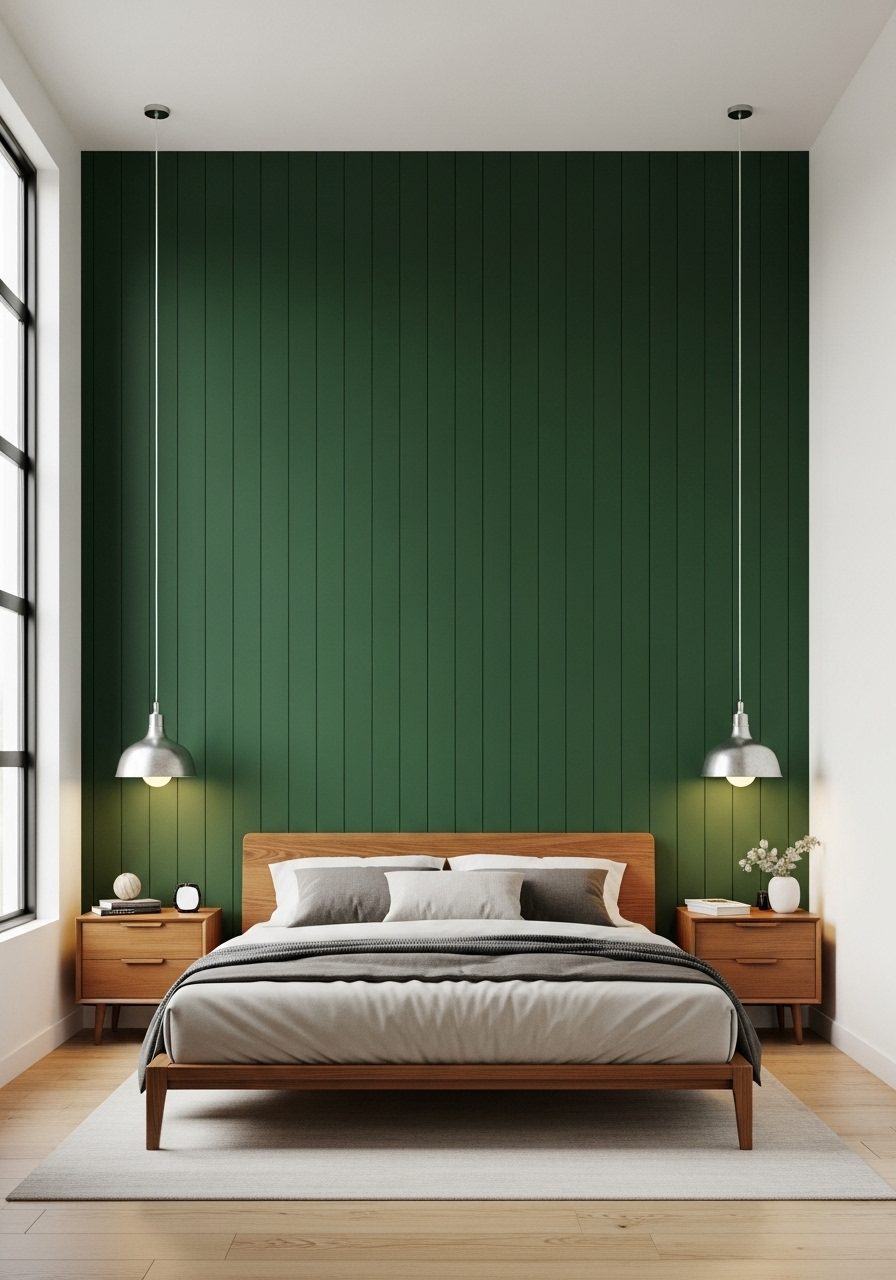Shiplap accent wall adds depth and scale to a bedroom with high ceilings