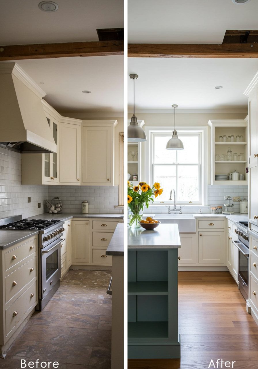 Side-by-side comparison of kitchen before and after soffit removal