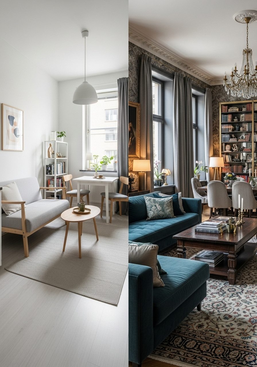 Side-by-side examples of decorating small vs large living dining combo rooms